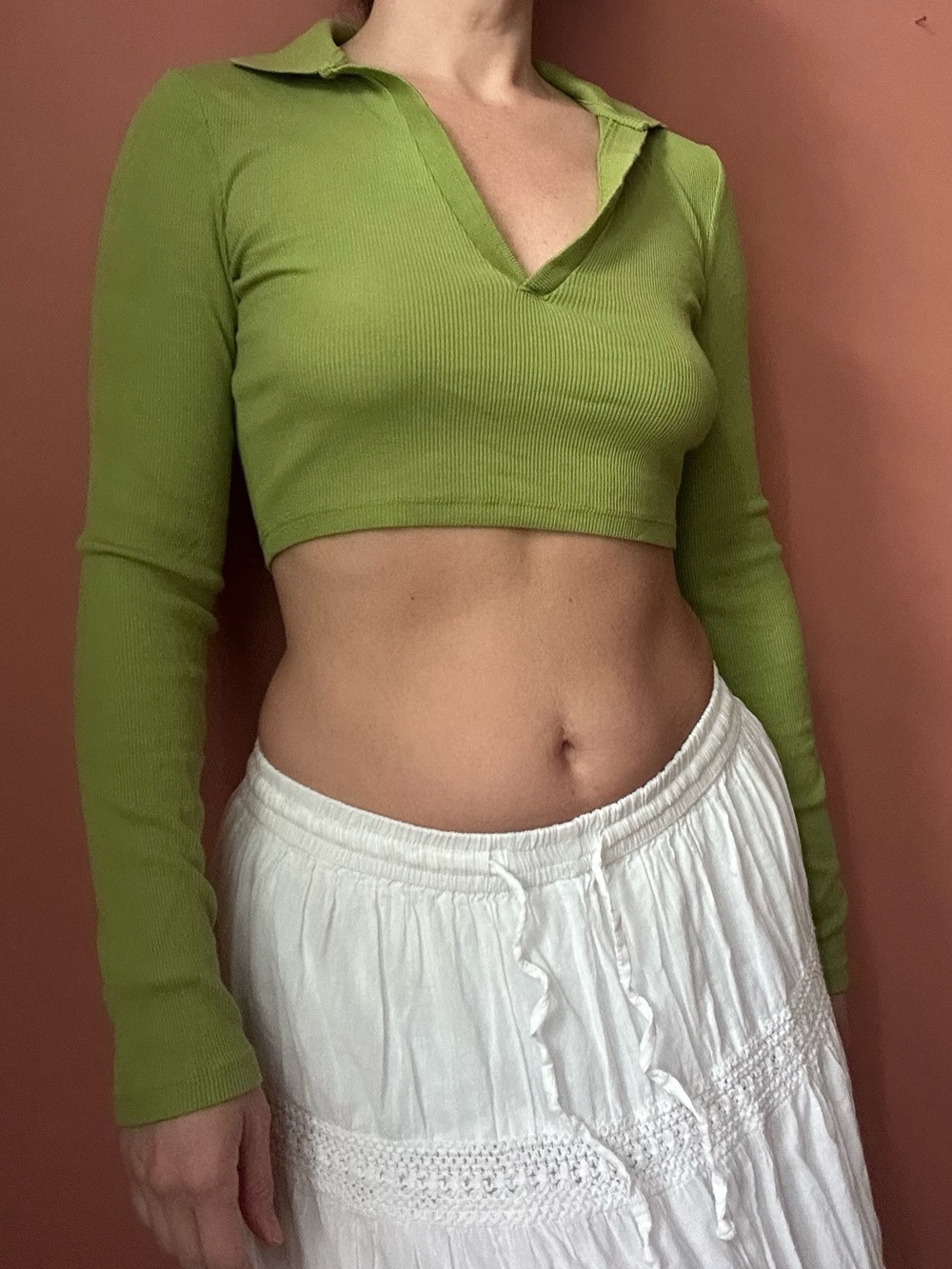 Zara Green Ribbed Cropped Polo Top